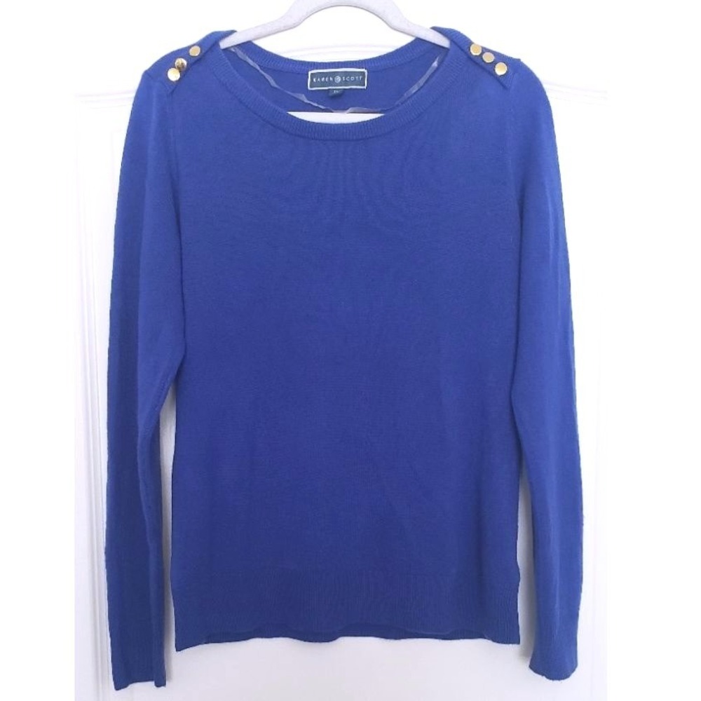 Karen Scott Royal Blue Shoulder Button Long Sleeve Sweater Womens Petite Large